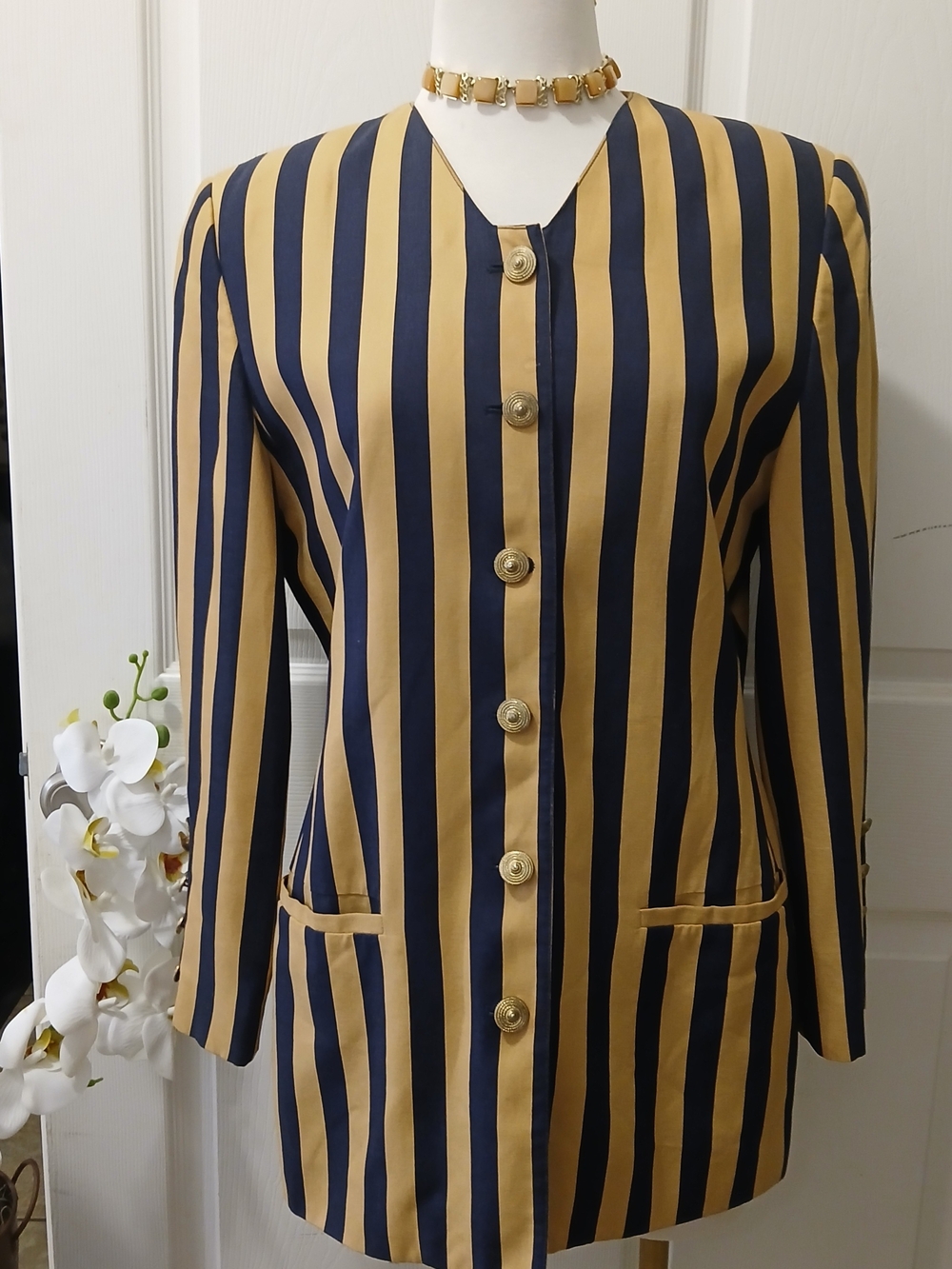 Navy and Gold Striped Button-Front Blazer